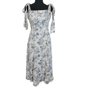 Audrey Parks Francesca's Blue Floral Tie Shoulder Midi Dress‎ Square Neck Medium